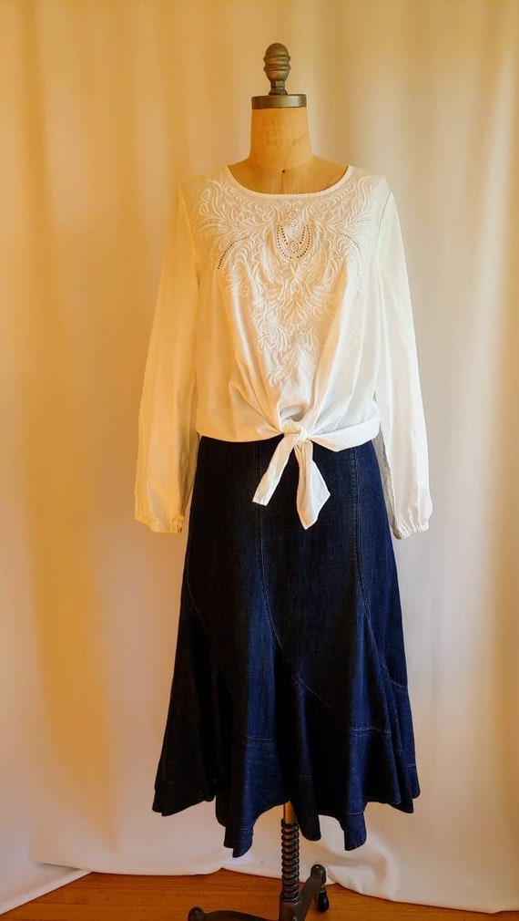 Edwardian style embroidered cotton blouse with tie