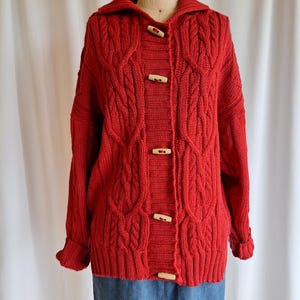70s fisherman red cable knit cabin sweater long cardigan toggle buttons large