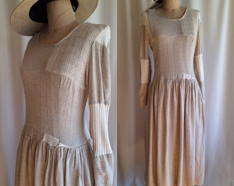 Patchwork flax linen natural fiber beige cream knit midi cottagecore dress spring small medium