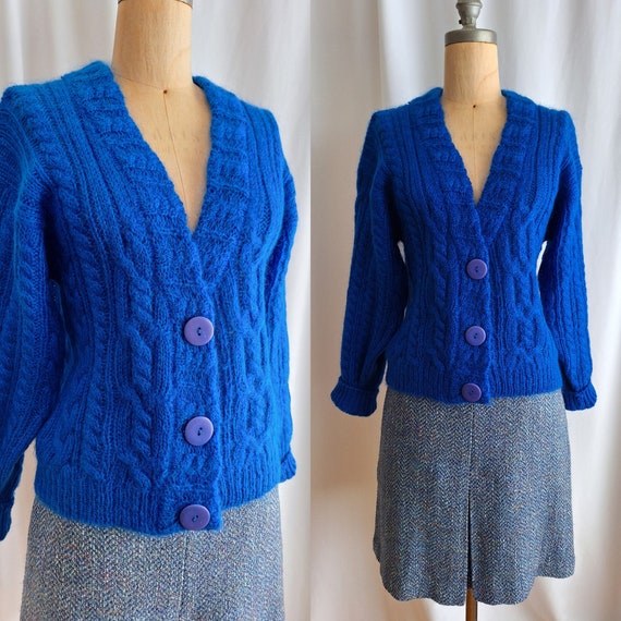 70s Mohair Cardigan Sweater Cable Stitch Super Soft Azure Blue 