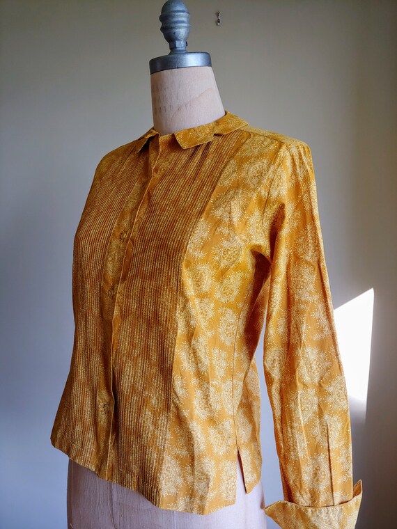 60s Blouse - Mustard Yellow Shirt - Mod Shirts - M