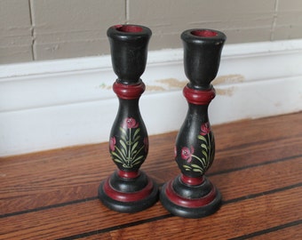 1960s Germany Tole Hand Painted Wooden Candleholders Pair Antique Christmas  Green Candle Holder