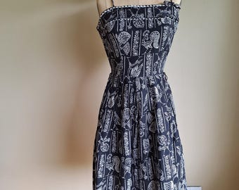 50s cotton rooster summer patio dress black and white graphic bird print xsmall