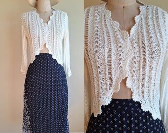 Vintage 1970s cream crocheted cardigan sweater medium large