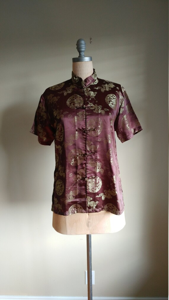 60s Oriental Asian Dragon Blouse Rayon Brocade Fro
