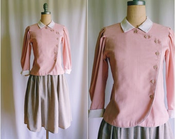 60s Edwardian Laura Ashley style Victorian pleated voluminous sleeves linen jacket rose UK 12