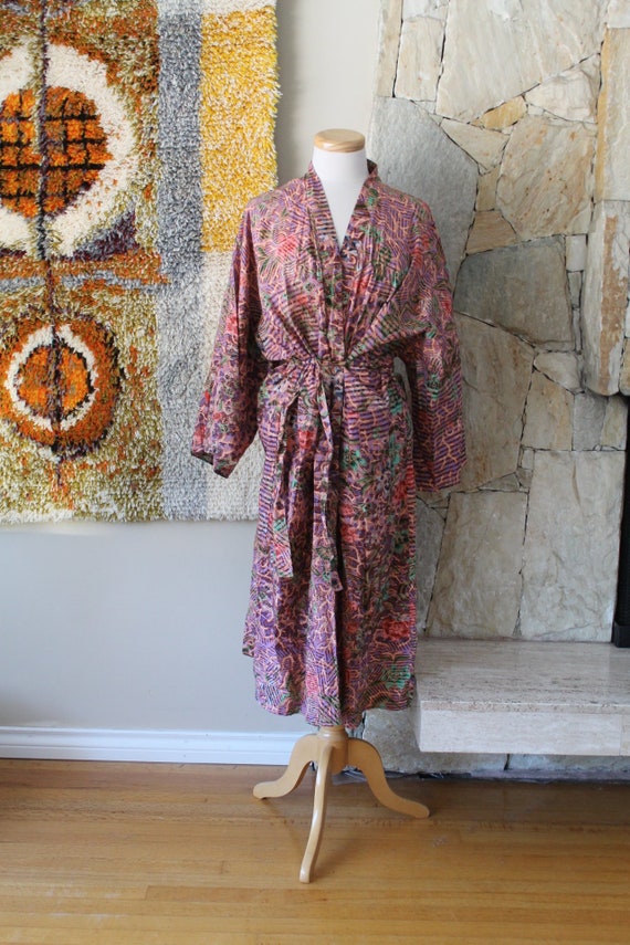 70s Cotton Duster Tropical Kimono Animal Print Fl… - image 1
