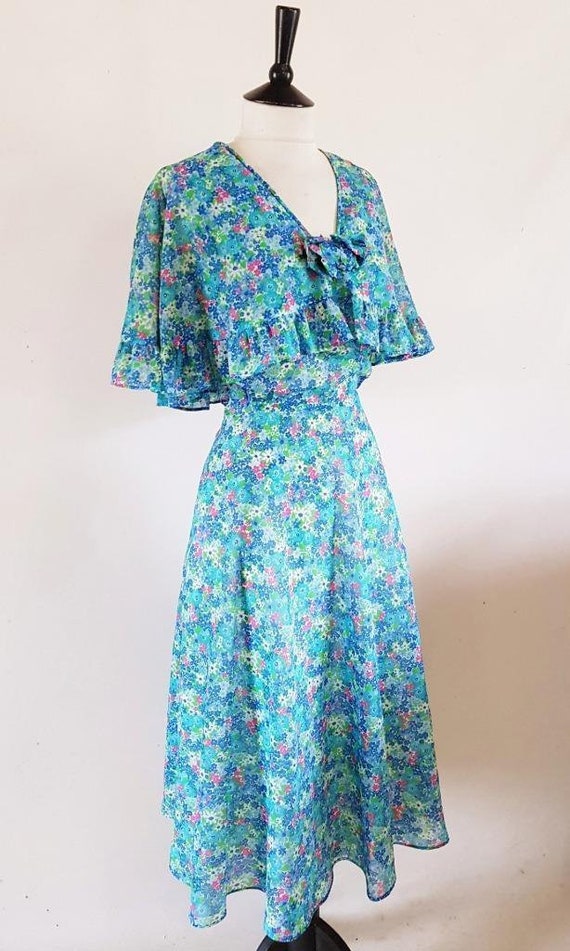 1970s Victorian Floral Tea Dress, 30s Style Chiffo