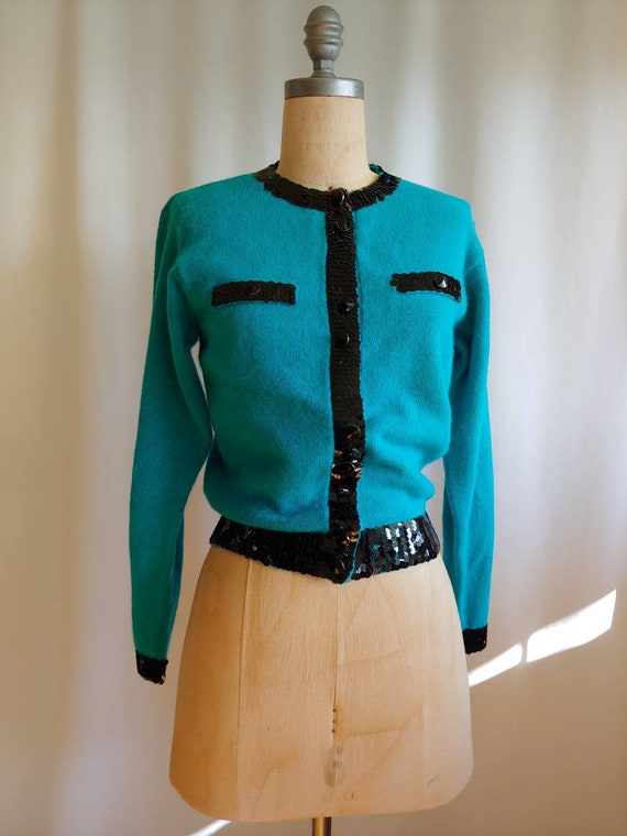 90s Angora and Sequin Sweater Dressy Teal Blue Ang