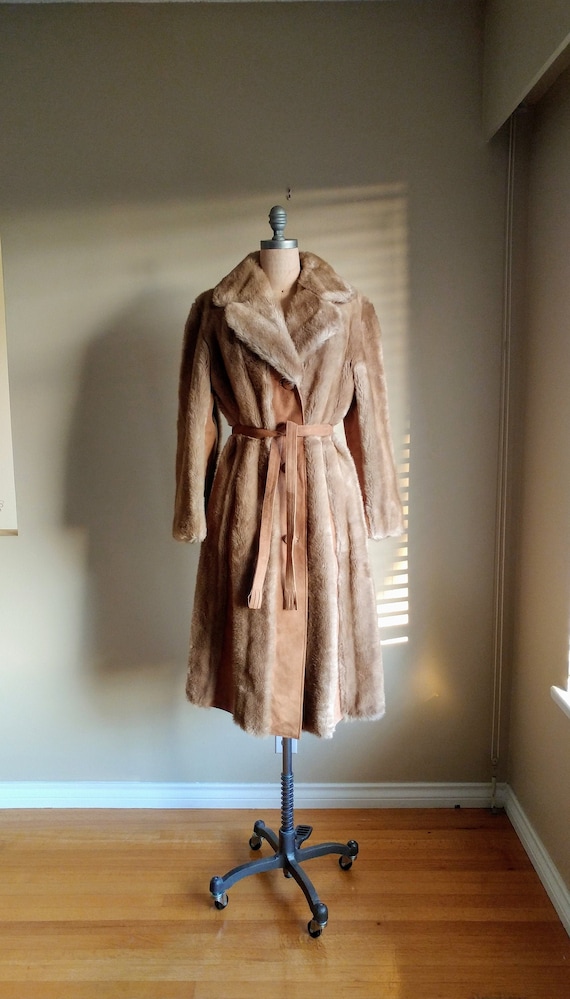 60s Mod Tissavel Faux Fur Coat with Suede 44 inch