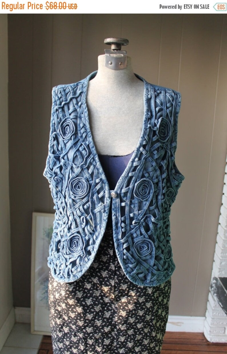 Woven Denim Vest Interlacing denim strips Lace Denim Vest Pewter Button Medium