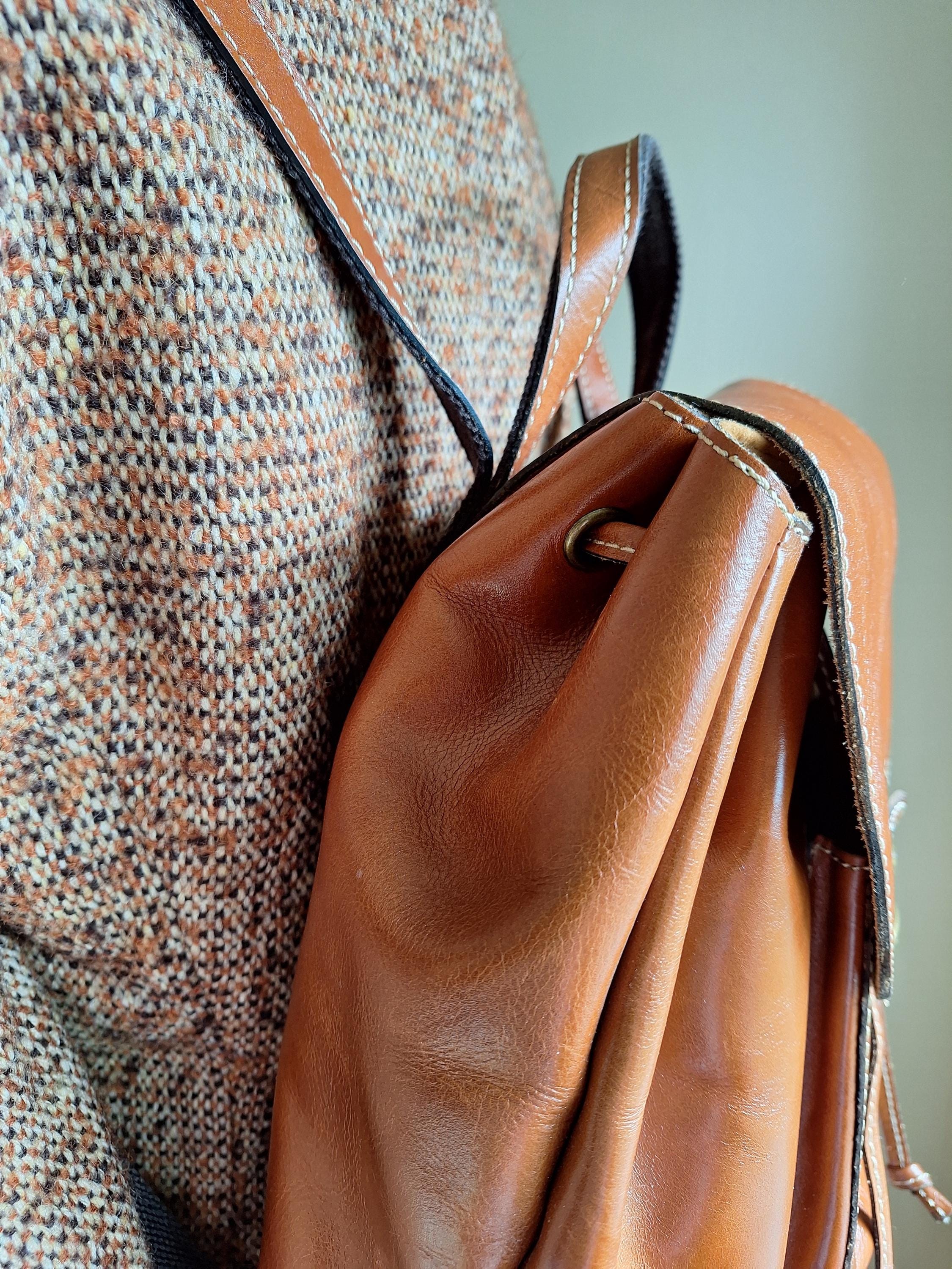 Vintage Caramel Brown Leather Large Backpack Designer 