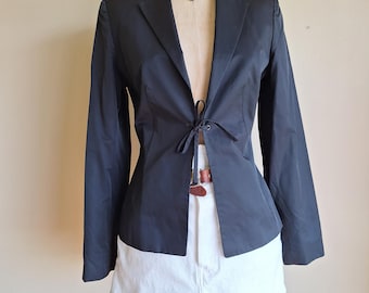 90s Black Cotton Blend Blazer with Front Tie Closure – Minimal Lightweight Jacket