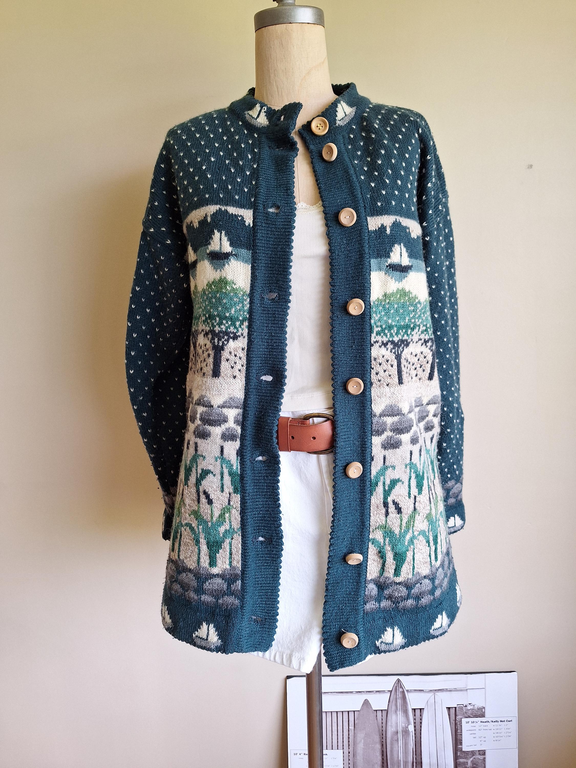 Vintage 90s Cottagecore Wool Sailboat Cardigan Sweater Jumper