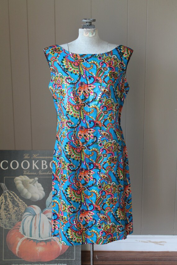 60s Liberty Style Print Viyella Shift Dress Low V 