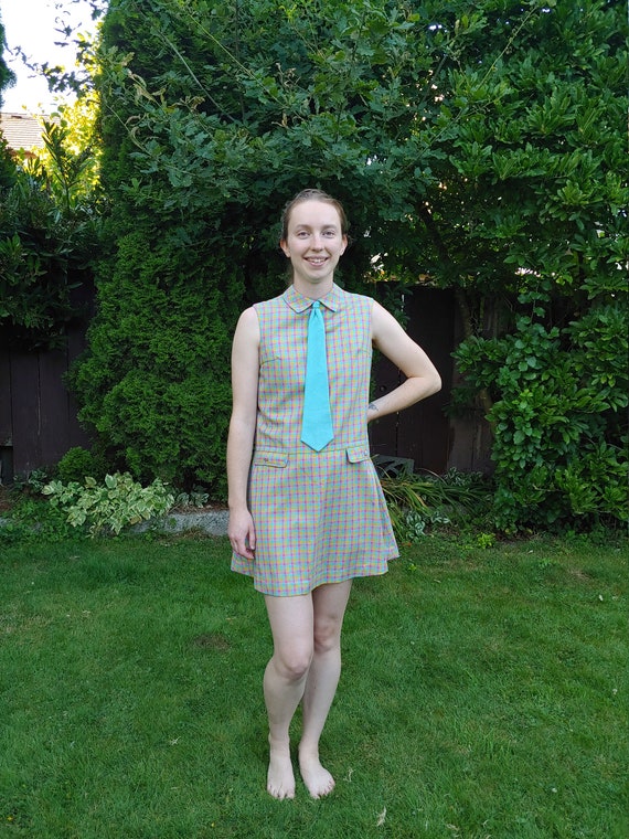 60s Mod Neon Plaid Dropwaist Twiggy Gingham Dress Aqua Tie Schoolgirl  Kawaii Lolita Harajuku Checks Shift Dress Peter Pan Collar London - Etsy