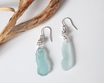 Aqua Sea Glass Earrings, Sterling Silver Long Drop Earrings, Seaham Glass Droppers, Dangly Beach Glass Earrings, Blue Statement Earrings