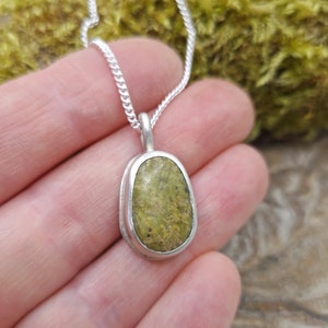 Green Beach Pebble Necklace: Handmade Sterling Silver Stone Pendant