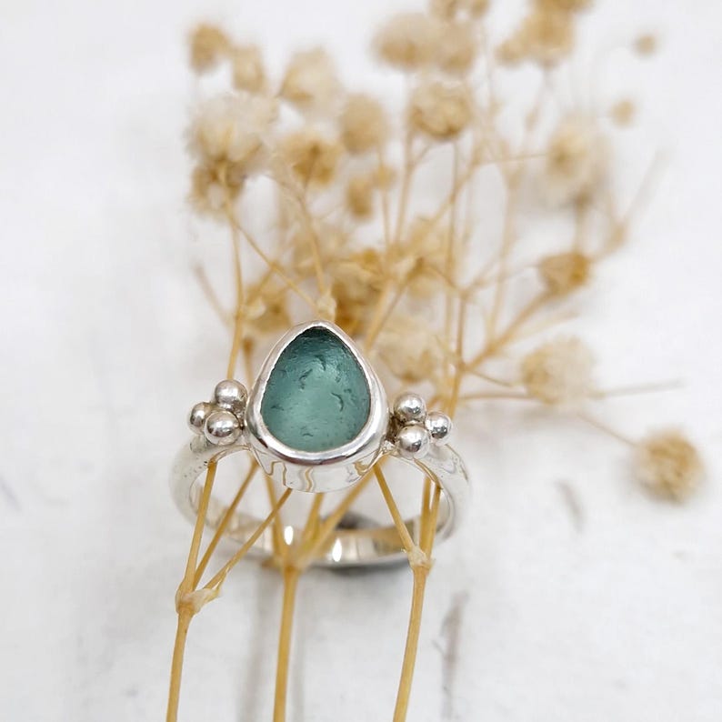Teal Sea Glass Ring, Teardrop Ring, Aqua Beach Glass, Sterling Silver