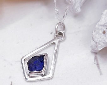 Cobalt Blue Sea Glass Necklace, Blue Beach Glass Pendant, Seaham Sea Glass Jewellery, Blue and Silver Pendant, Handmade Silver Pendant