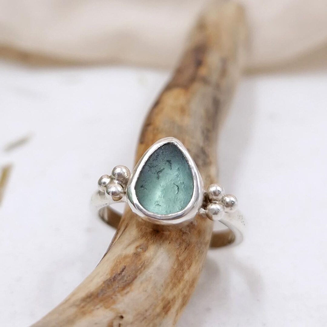 Teal Sea Glass Ring, Teardrop Ring, Aqua Beach Glass, Sterling Silver