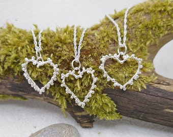 Sterling Silver Heart Pendant Necklace, Dainty Silver Love Heart Necklace, Handmade Heart Pendant, Open Heart Pendant, Granulation Jewellery