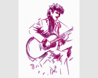 May include: A sketch of a person playing an acoustic guitar. The illustration is done in shades of purple and depicts the musician seated, with the guitar in their lap. The style is loose and expressive, with visible brushstrokes on a white background.