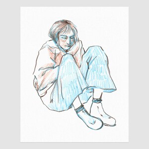 Position fœtale - Blue & Orange Sitting Woman Figure - Signed Fine Art Print