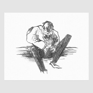 May include: A pencil sketch of a person seated with their head down, appearing contemplative. The figure is wearing a collared shirt and pants, with the lines suggesting a seated posture. The artwork is on a white background.
