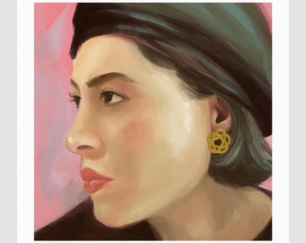 May include: A digital painting of a person in profile, wearing a black beret and a gold-colored floral earring. The person has fair skin, red lips, and a pink background. The artwork has a soft, painterly style.