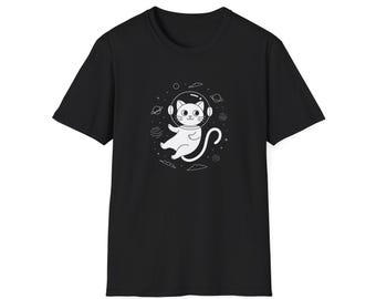 May include: Black t-shirt with a white graphic of a cat wearing an astronaut helmet and floating in space. The graphic includes stars, planets, and clouds.