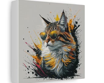 Canvastavla, Katt i solglasögon-konst, Perfekt för kattälskare, Kattdekor, Kattväggkonst, Matt poster, Spännbar canvas