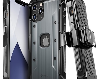 May include: A black and gray protective phone case with a clear back and a built-in belt clip. The case has a rugged design with visible screws and the Apple logo. The phone screen is visible through the case.