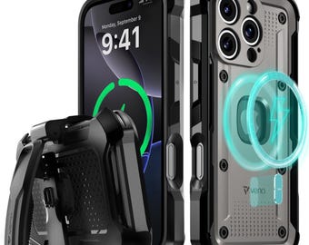 May include: Black and gray phone case with a built-in grip and a MagSafe charging feature. The phone screen displays the date and time, with a green charging symbol. The case has a rugged design with visible screws and a protective bumper.
