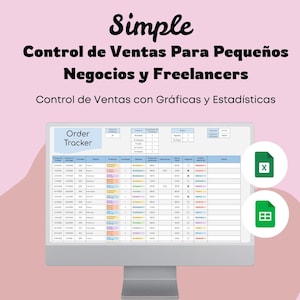 Puede incluir: Una pantalla de ordenador que muestra una hoja de cálculo con el título "Order Tracker". La hoja de cálculo es un rastreador de ventas para pequeñas empresas y autónomos. La hoja de cálculo incluye columnas para la fecha del pedido, el número del pedido, el cliente, el producto, la cantidad, el precio, el descuento, el total y el método de pago. La hoja de cálculo también incluye una sección para estadísticas y gráficos. La pantalla está rodeada de un fondo rosa con el texto "Simple Control de Ventas Para Pequeños Negocios y Freelancers Control de Ventas con Gráficas y Estadísticas".