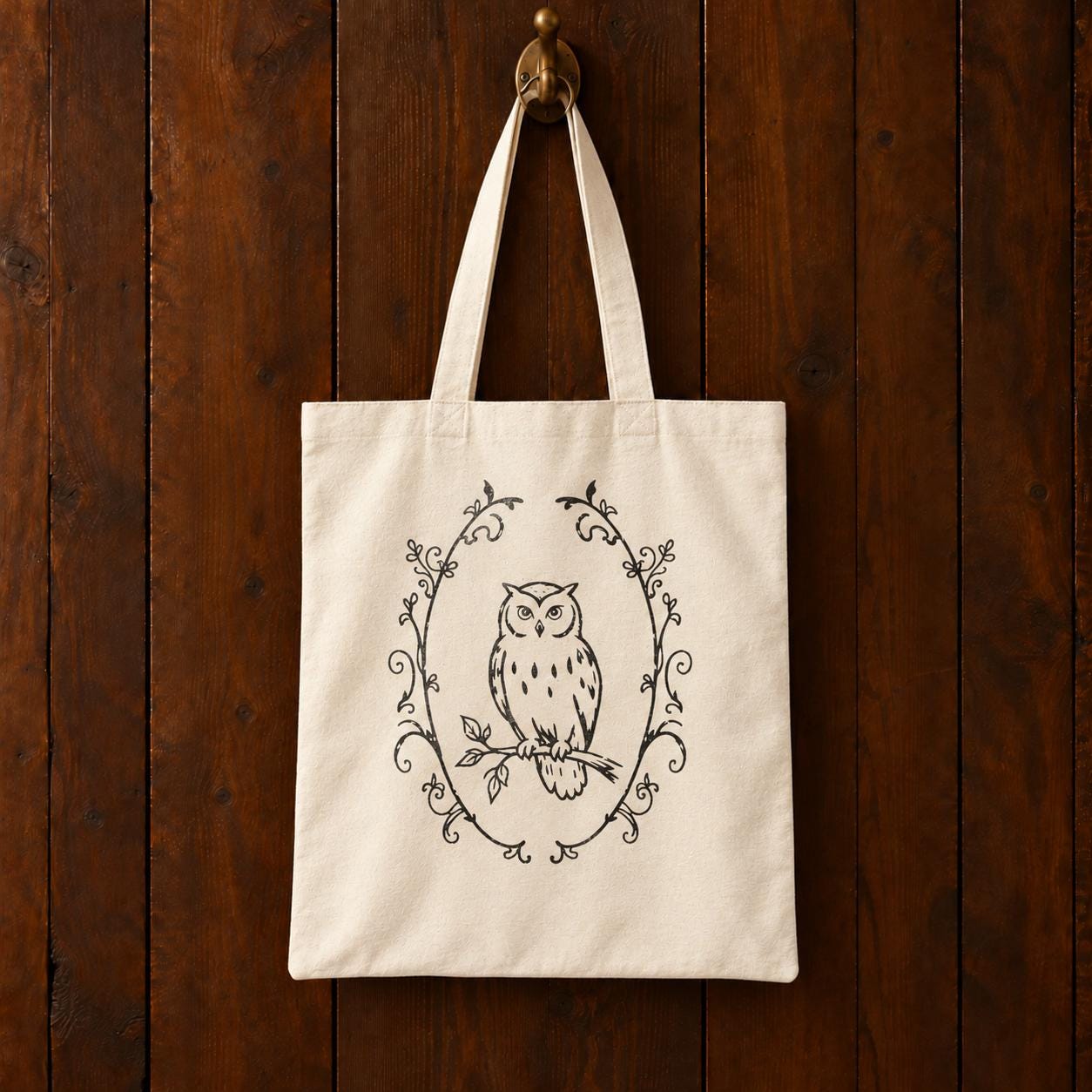 Owl Tote Bag, Cottagecore Woodland Design, Natural Cotton Canvas, 15 x 16 Inches