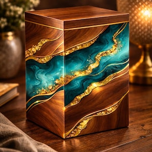 Handmade Wooden Cremation Urn – Green Resin River Memorial Keepsake Box