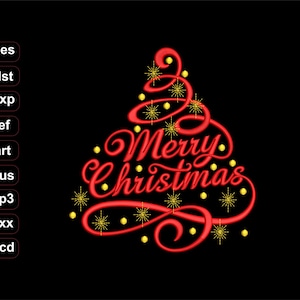 May include: A red Christmas tree design with the words "Merry Christmas" in a cursive font. The design includes yellow starbursts and dots, set against a black background. The image also includes file type extensions.