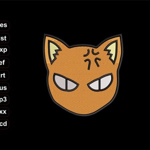 May include: Embroidered patch featuring an orange cat face with an angry expression. The cat has white eyes, black eyebrows, and a black outline. The patch is on a black background. The left side of the image has text that reads: .pes, .dst, .exp, .jef, .art, .hus, .vp3, .xxx, .pcd.