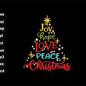 May include: A Christmas tree design with the words "Joy, hope, LOVE, PEACE, Christmas" in various colors. The tree is on a black background. The design includes a star and other decorative elements.