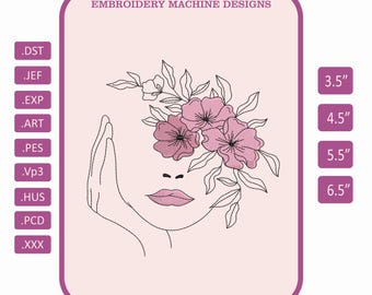Broderidesign med blommigt kvinnaansikte | Modern linjekonstflicka med blommor | Maskinbroderifil