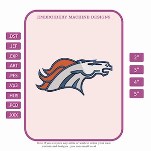 May include: An embroidery design featuring the Denver Broncos logo, a white horse head with orange and navy blue accents. The design is displayed on a light pink background with size options from 2" to 5". Text at the top reads "EMBROIDERY MACHINE DESIGNS".