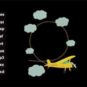 May include: A yellow biplane flies through a circle of light blue clouds on a black background. The biplane has a propeller and a blue cockpit. The image also includes a list of file extensions.