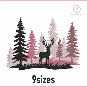 May include: An embroidered design featuring a black silhouette of a deer with large antlers standing in front of a forest of stylized trees in shades of black, pink, and mauve. The text "9 sizes" is at the bottom.