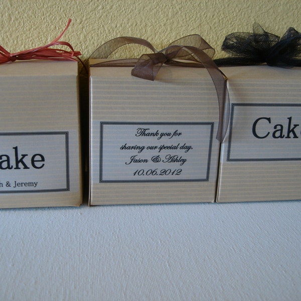 50 Personalized Wedding Favor Cake Boxes - Pinstriped Oatmeal Box 4x4x4 Inches - Cookies - Cupcakes - Cake