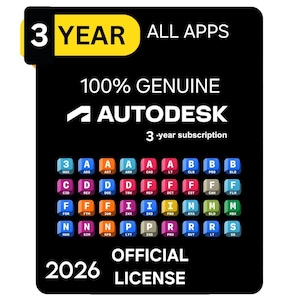 May include: Black graphic with the text "3 YEAR ALL APPS", "100% GENUINE AUTODESK", and "3-year subscription". The image also includes the text "OFFICIAL LICENSE 2026" and a grid of colored lettered squares.