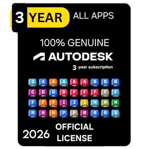 Peut inclure: Un graphique rectangulaire noir avec le texte 3 YEAR ALL APPS, 100% GENUINE AUTODESK et 3-year subscription. En dessous, une grille d'icônes carrées colorées affiche diverses abréviations de logiciels. Le texte en bas indique 2026 OFFICIAL LICENSE.