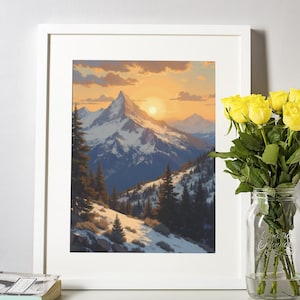 Mountain Sunset Watercolor Landscape • Snowy Peaks Digital Wall Art • Realistic Winter Nature Printable for Rustic Home Decor
