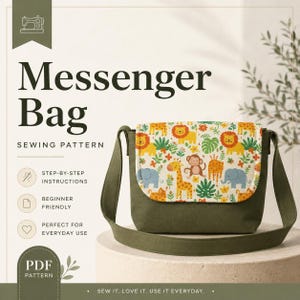 May include: A messenger bag sewing pattern PDF featuring a dark olive green bag with a flap decorated in a colorful jungle animal print including lions, monkeys, giraffes, and elephants. The text reads Messenger Bag Sewing Pattern.