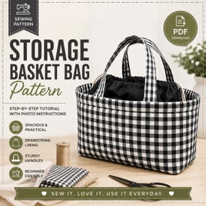 May include: A sewing pattern for a storage basket bag featuring a black and white gingham fabric exterior, black drawstring lining, and two handles. The text reads: SEWING PATTERN, STORAGE BASKET BAG Pattern, PDF DOWNLOAD, STEP-BY-STEP TUTORIAL.
